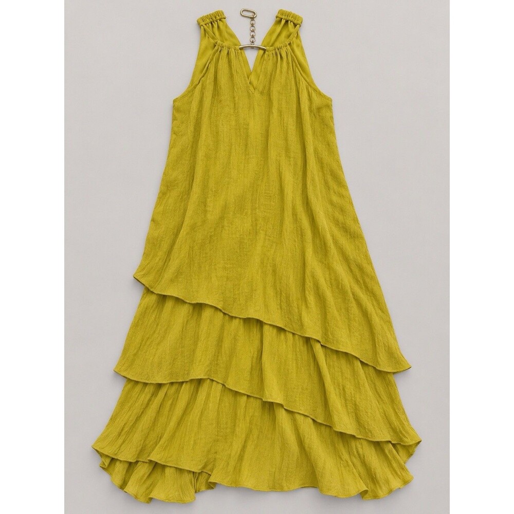 Mlle Gabrielle Dress Womens Large Chartreuse Green Tiered Sleeveless Boho